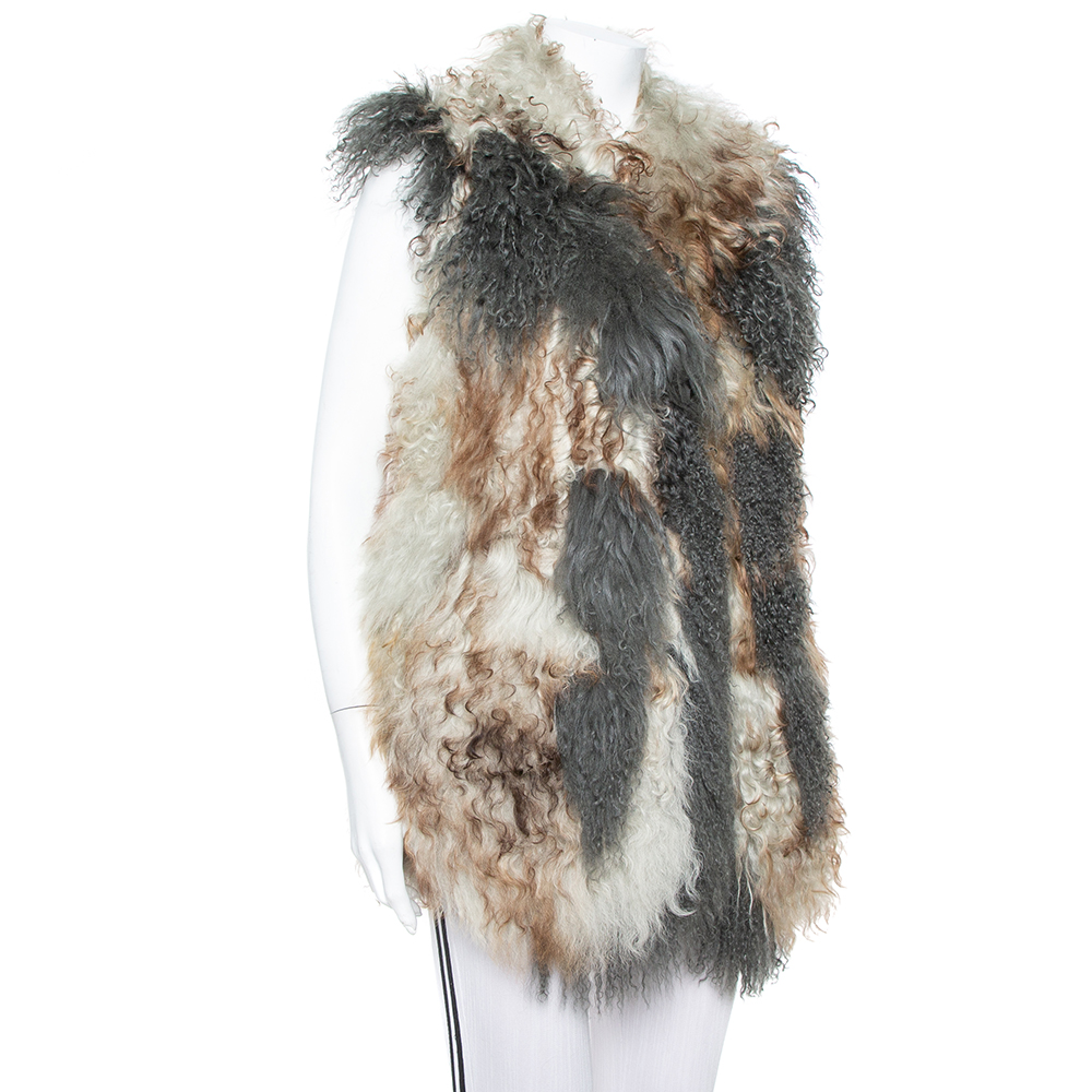 

Just Cavalli Multicolor Leather & Fur Sleeveless Open Front Jacket, Grey