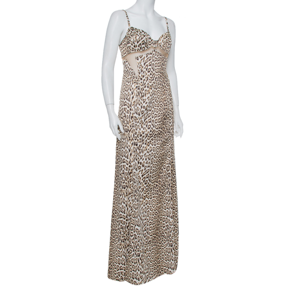 

Just Cavalli Beige Animal Printed Satin Mesh Detail Maxi Dress