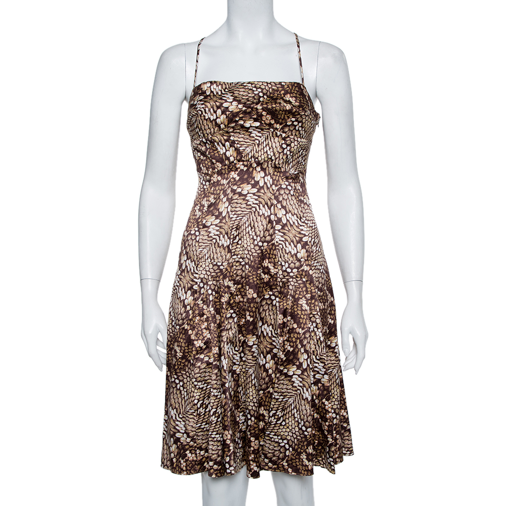 Pre-owned Just Cavalli Brown Animal Printed Satin Fit & Flare Dress M