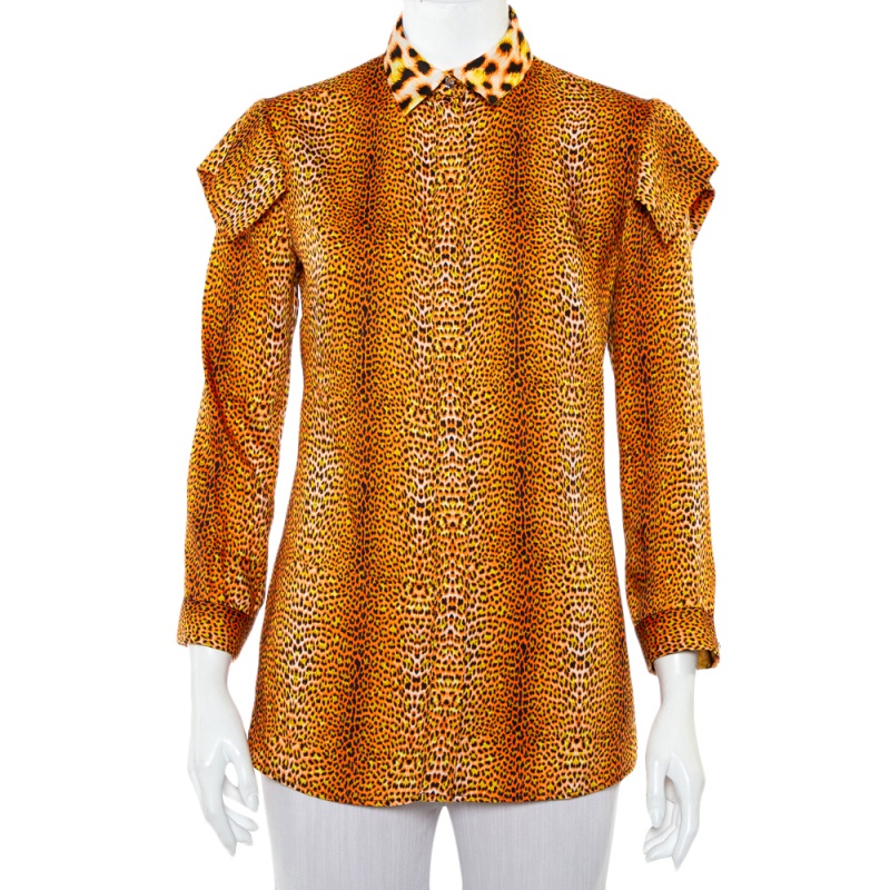 Pre-owned Just Cavalli Orange Animal Printed Satin Button Front Shirt S