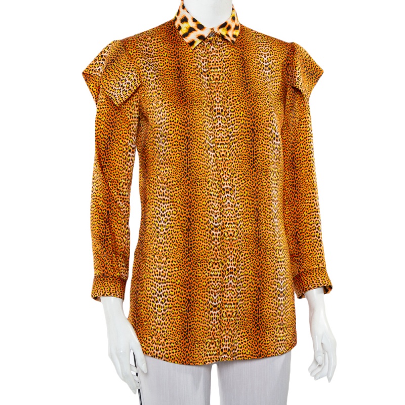 

Just Cavalli Orange Animal Printed Satin Button Front Shirt