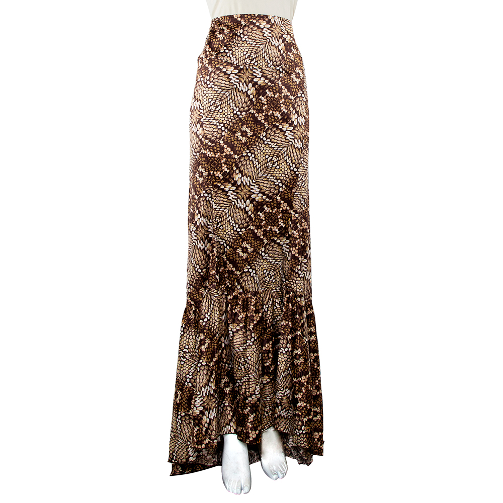 

Just Cavalli Brown Snake Print Silk Satin Flared Asymmetrical Hem Maxi Skirt