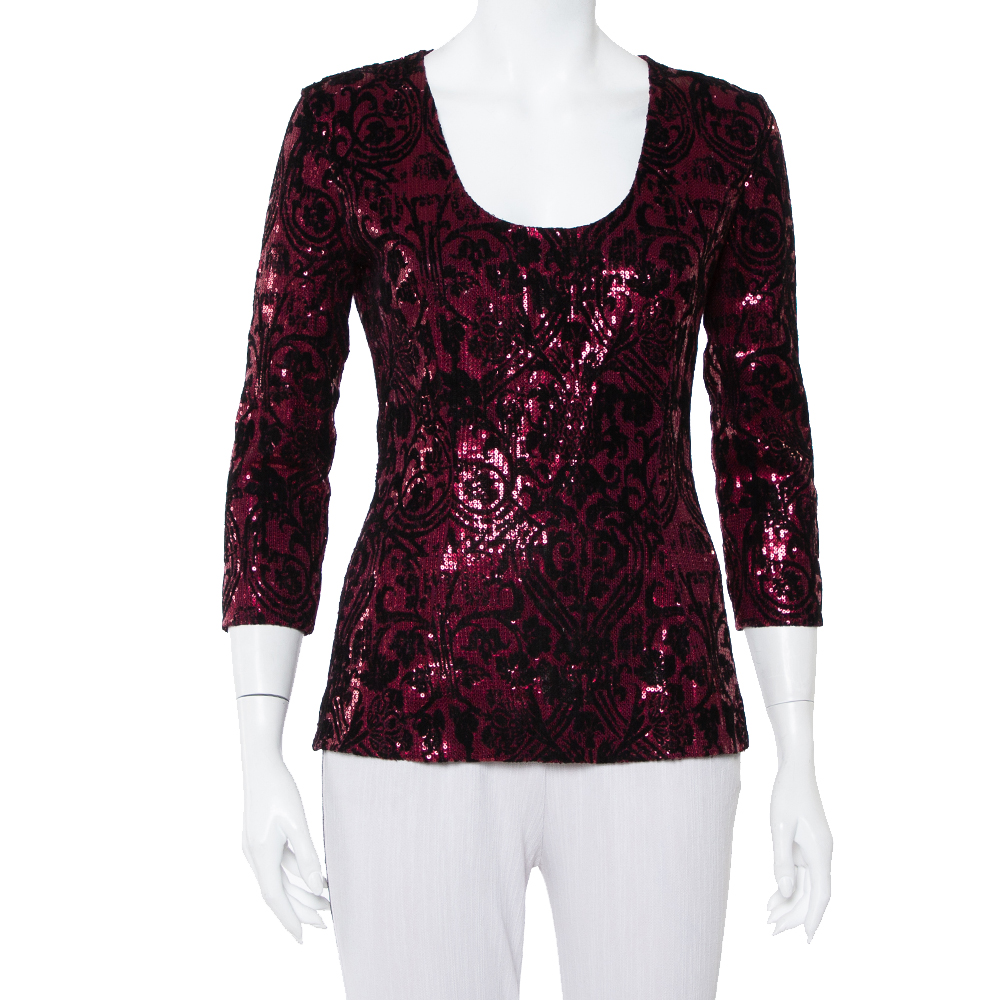 Click to view more detailed imagery on our partner's website Pre-owned Just Cavalli Burgundy Velvet Floral Flock Print Sequin Embellished Top M