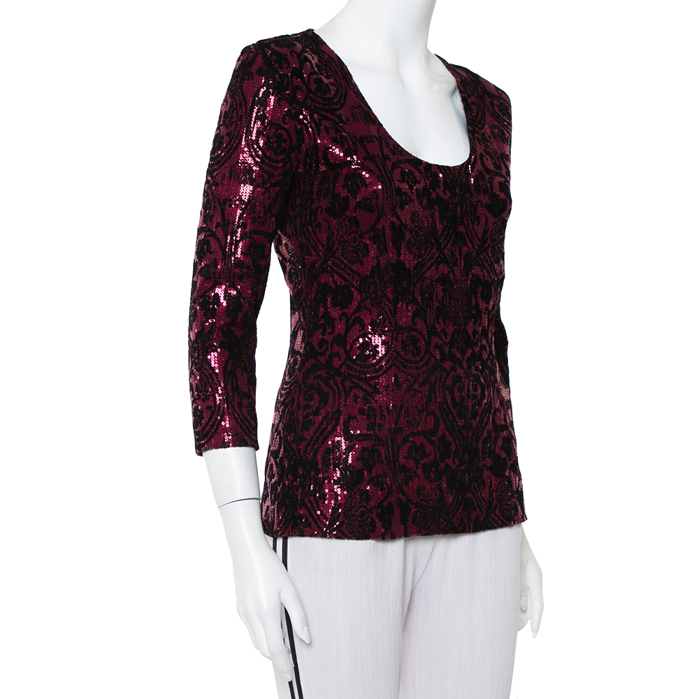 

Just Cavalli Burgundy Velvet Floral Flock Print Sequin Embellished Top