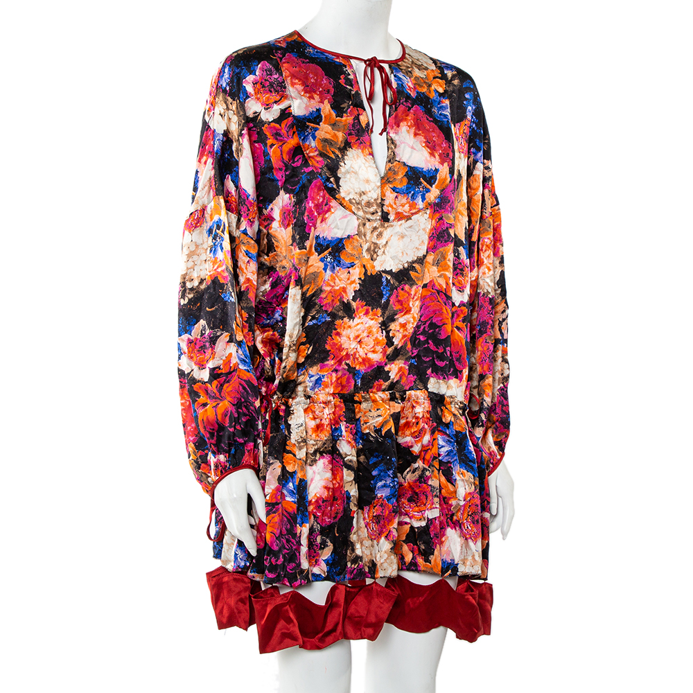 

Just Cavalli Multicolor Silk Satin Cutout Hem Detail Oversized Mini Dress