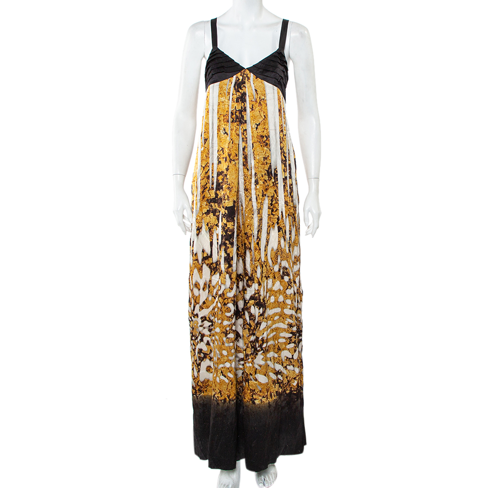 Pre-owned Just Cavalli Black & Gold Printed Silk Glittered Open Back Maxi Dress M