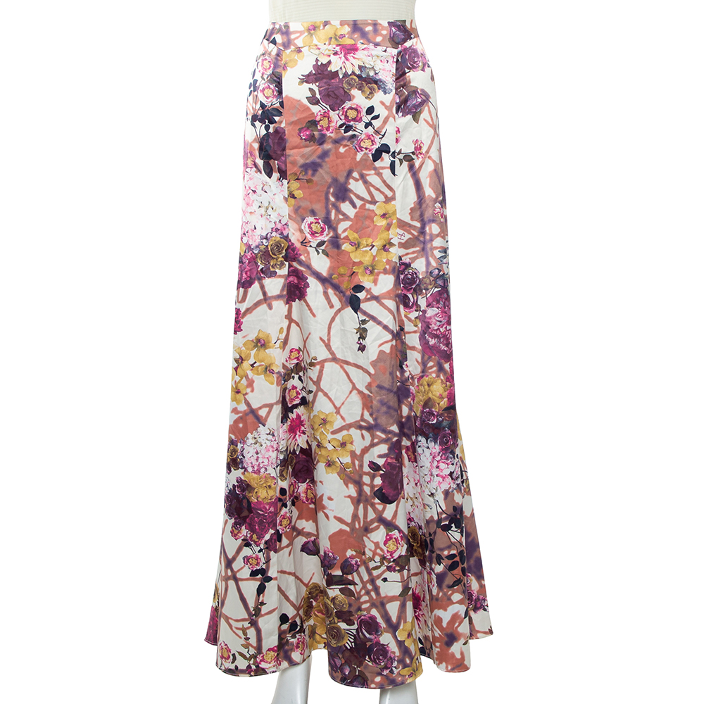 Pre-owned Just Cavalli Beige Floral Printed Satin Maxi Skirt L