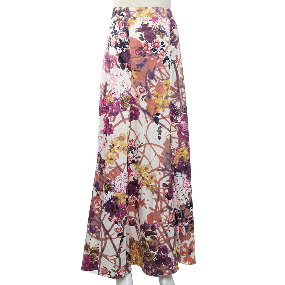 

Just Cavalli Beige Floral Printed Satin Maxi Skirt