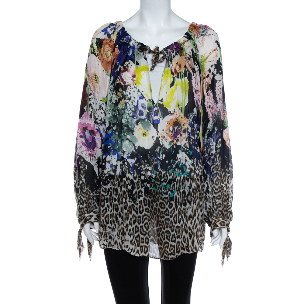 Pre-owned Just Cavalli Multicolor Floral & Animal Printed Silk Tunic M