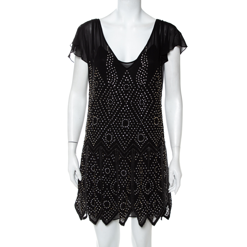 Pre-owned Just Cavalli Black Chiffon Stone Embellished Shift Dress S
