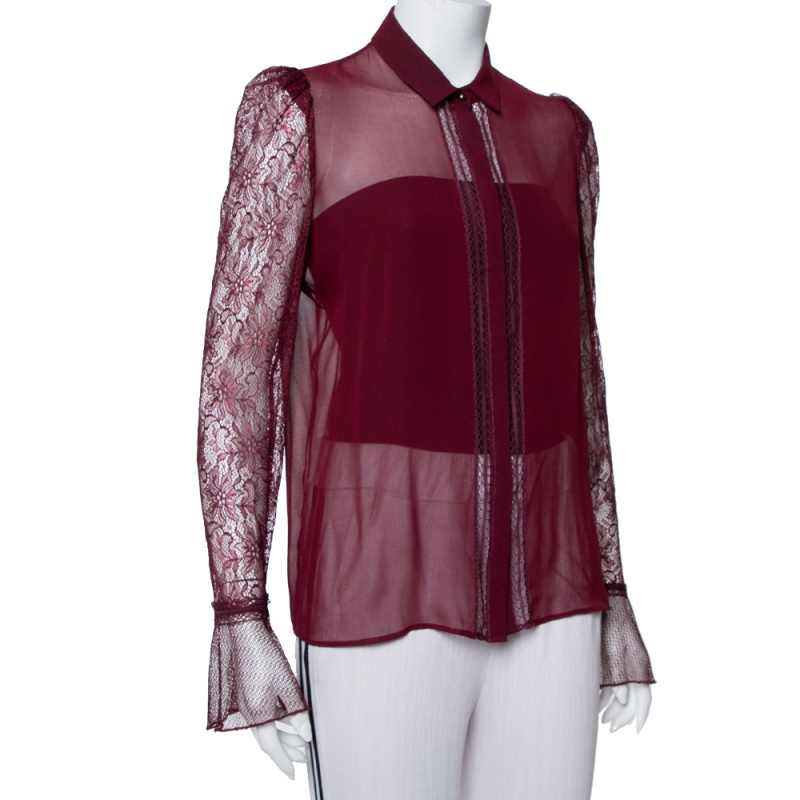 

Just Cavalli Burgundy Silk Lace Detail Button Front Shirt