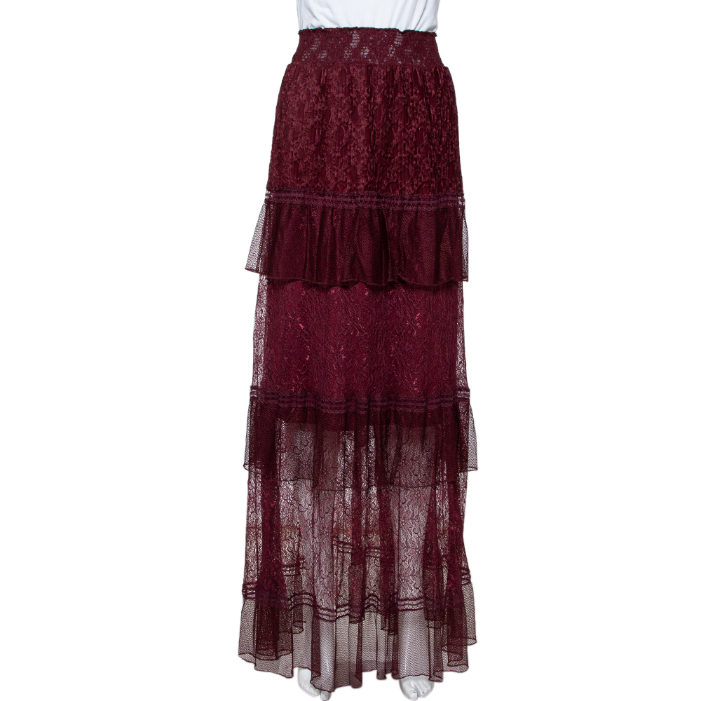 Pre-owned Just Cavalli Burgundy Lace Tiered Paneled Maxi Skirt M