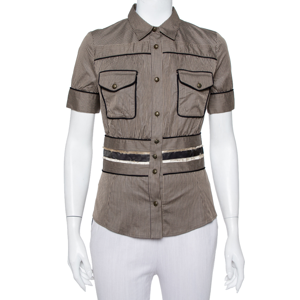 Pre-owned Just Cavalli Brown Striped Cotton Fitted Waist Detail Shirt S