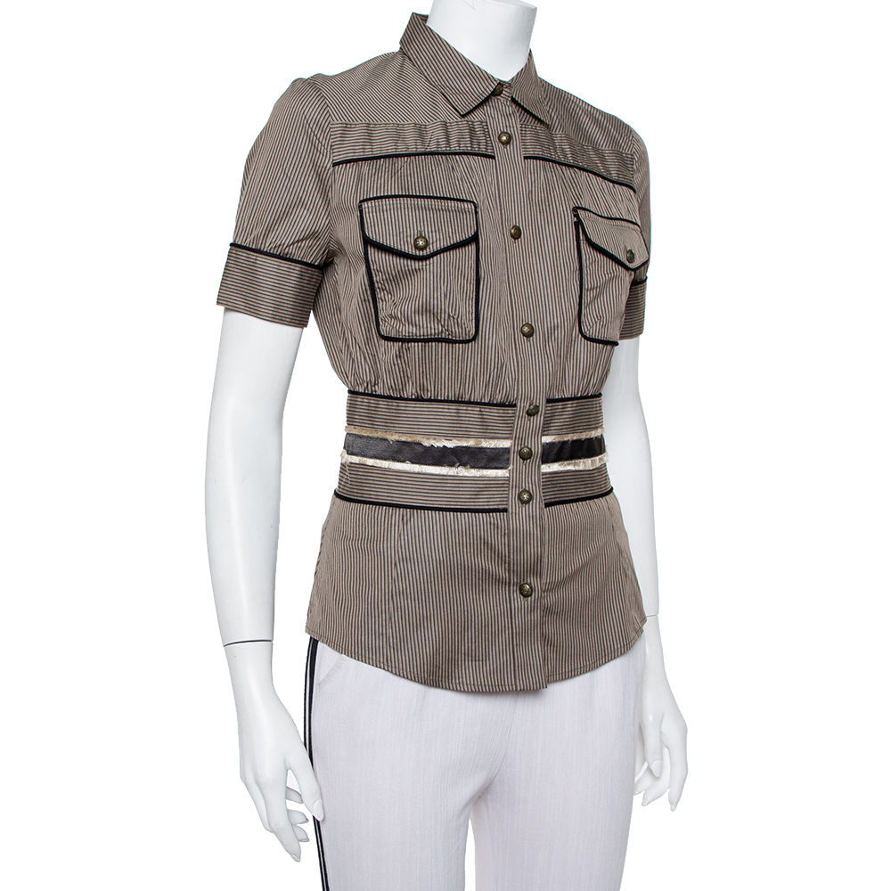 

Just Cavalli Brown Striped Cotton Fitted Waist Detail Shirt