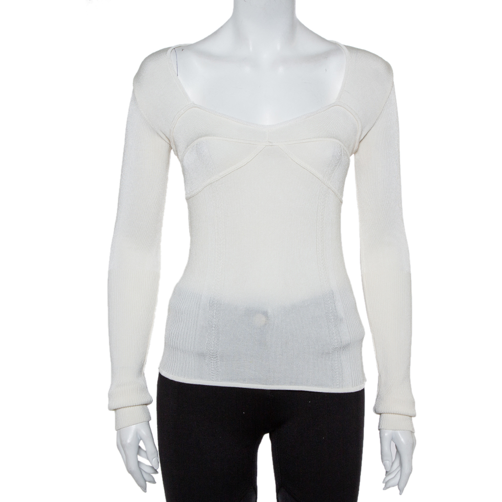 Pre-owned Just Cavalli Cream Rib Knit Long Sleeve Fitted Top M