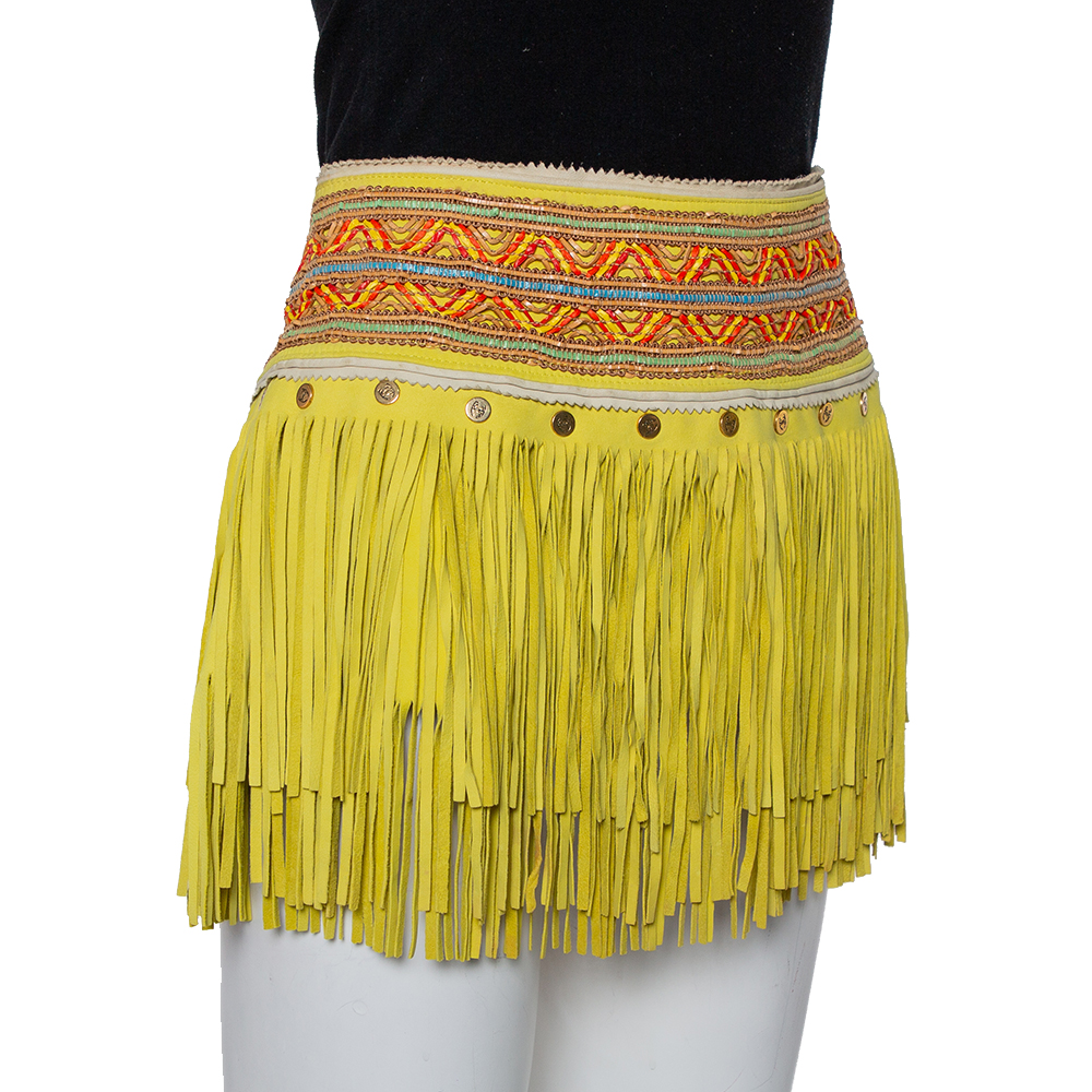 

Just Cavalli Neon Yellow Leather Fringed Tribal Mini Skirt