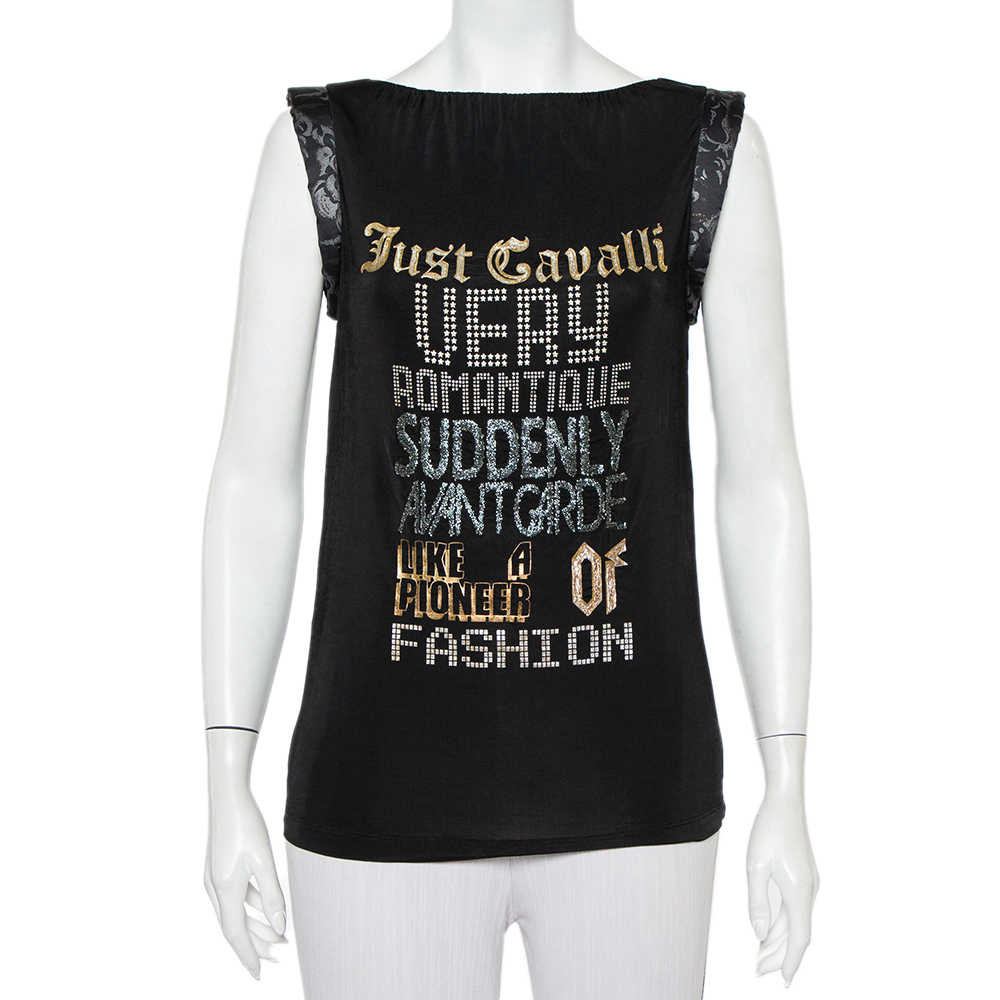 

Just Cavalli Black Printed Jersey Puffed Armhole Detail T-Shirt S