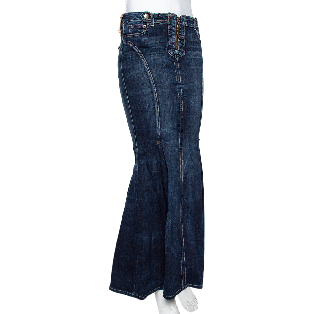 

Just Cavalli Navy Blue Denim Embroidered Pocket Detail Maxi Skirt