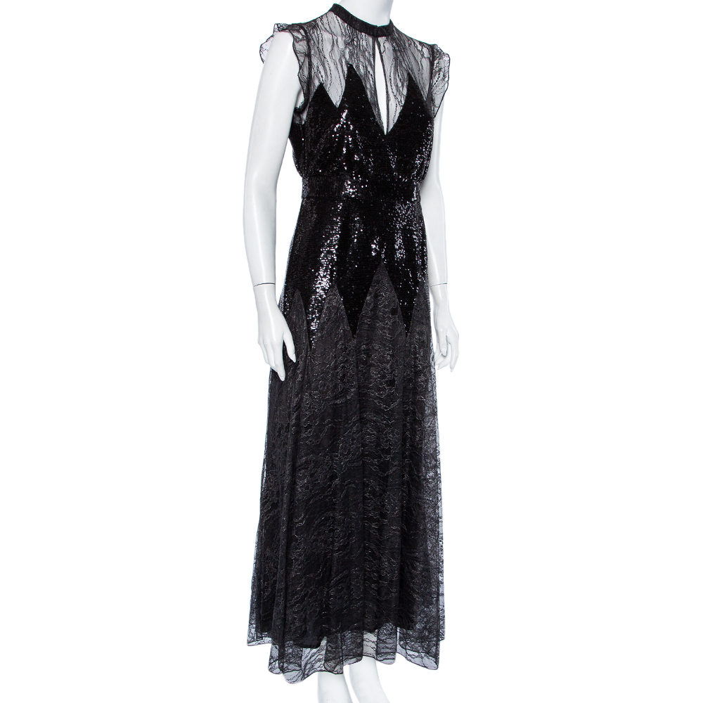 

Just Cavalli Black Sequin Embellished Lace Flared Maxi Dress