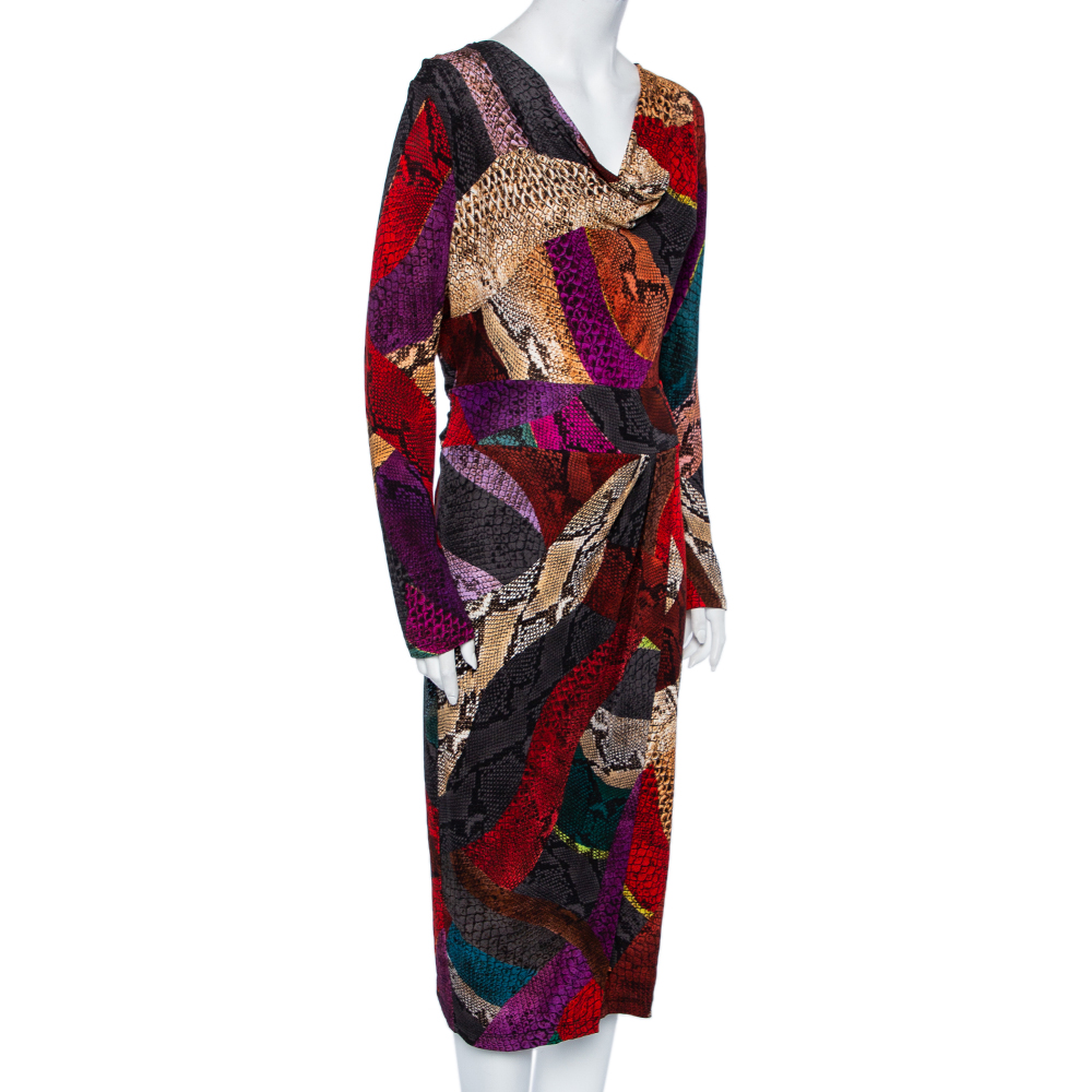 

Just Cavalli Multicolor Animal Printed Jersey Faux Wrap Midi Dress