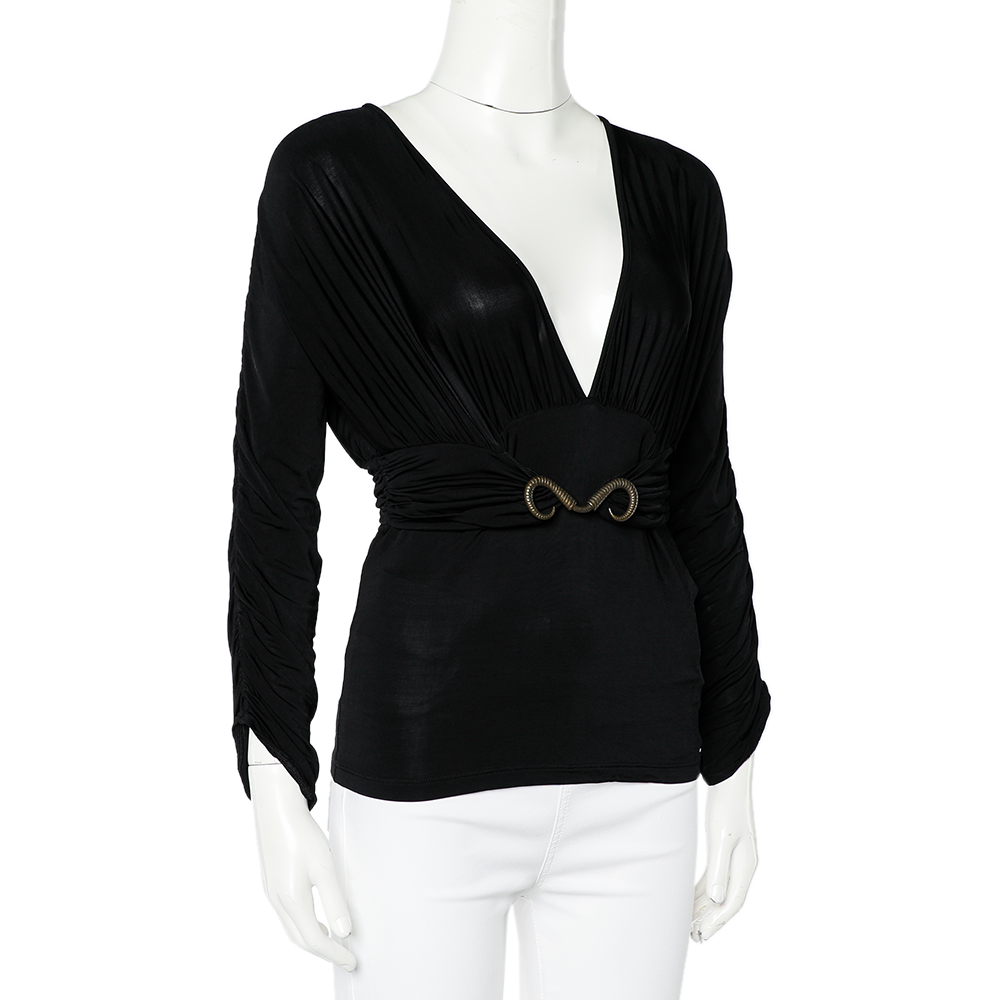 

Just Cavalli Black Jersey Plunge Neck Waist overlay Detail Top