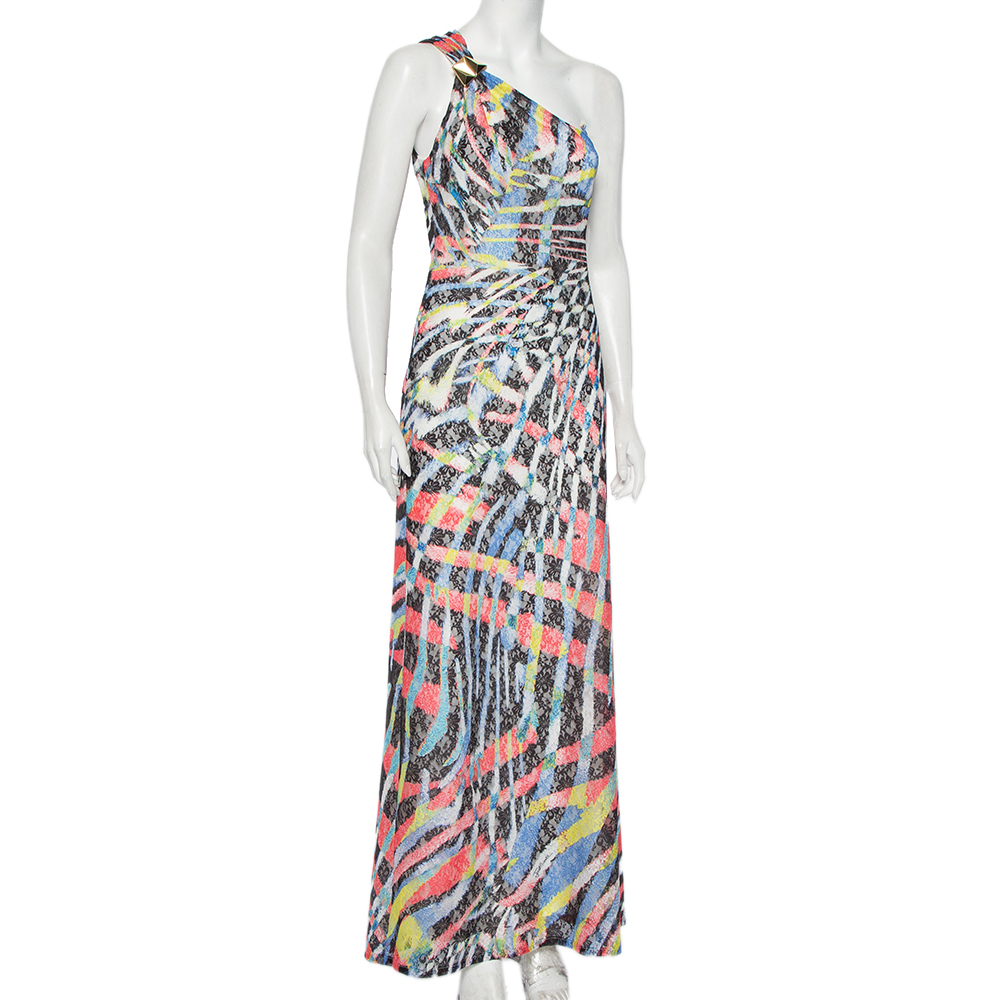 

Just Cavalli Multicolor Printed Tulle One Shoulder Maxi Dress