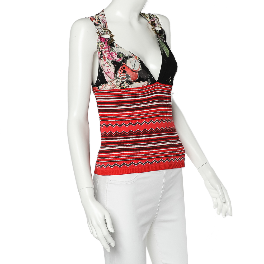 

Just Cavalli Multicolor Floral Printed Jersey & Patterned Knit Plunge Neck Top