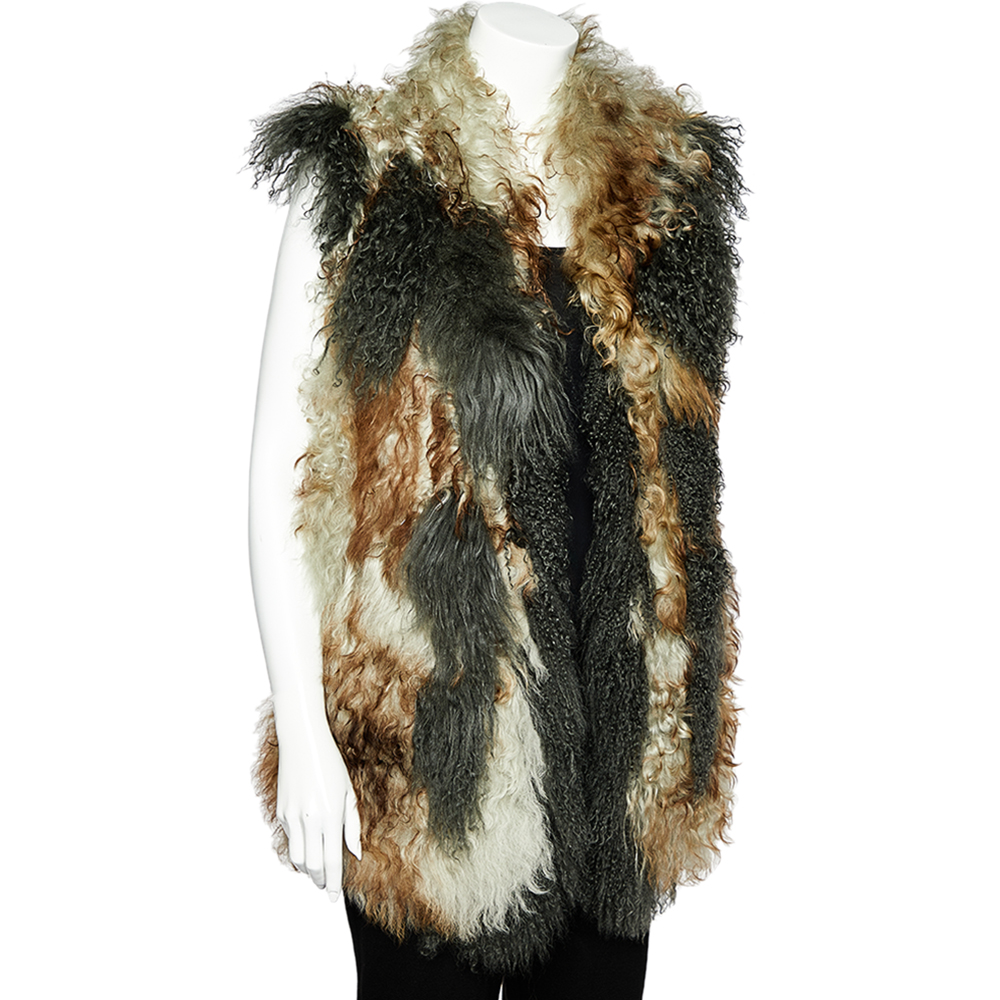 

Just Cavalli Multicolor Leather & Fur Sleeveless Open Front Shrug, Grey