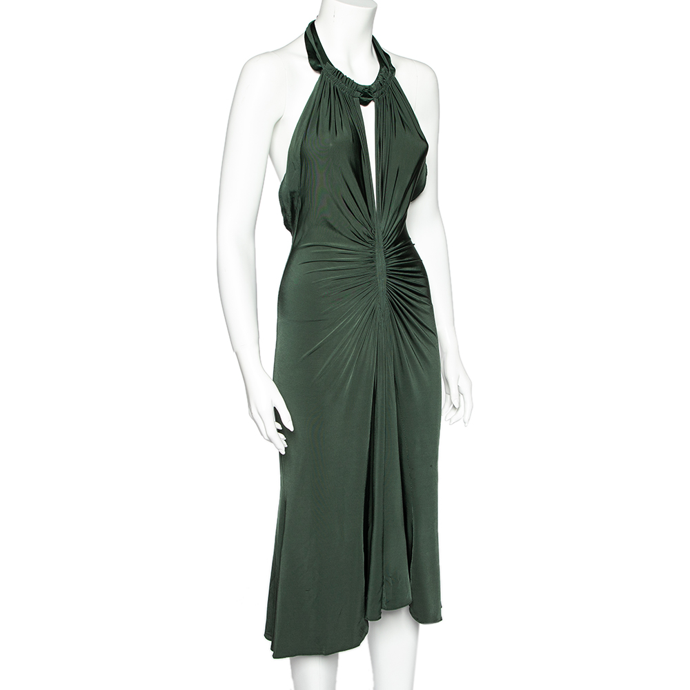 

Just Cavalli Forest Green Jersey Ruched Halter Neck Midi Dress