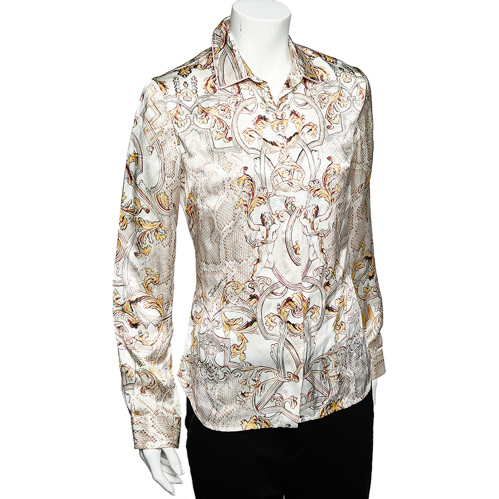 

Just Cavalli White Printed Silk Satin Button Front Shirt