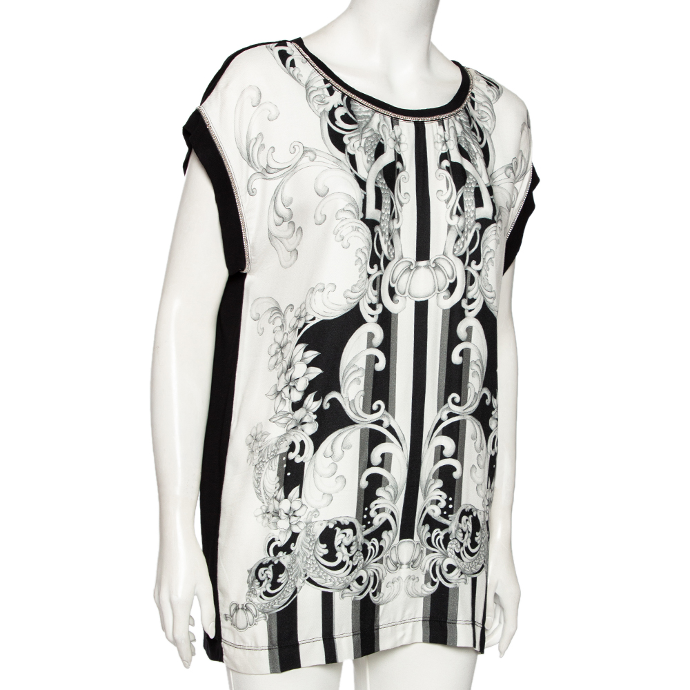 

Just Cavalli Black Abstract Printed Knit Paneled Chain Detail T-Shirt