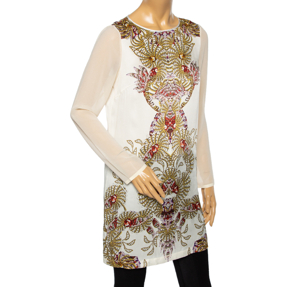 

Just Cavalli White Printed Silk & Mesh Long Sleeve Short Dress