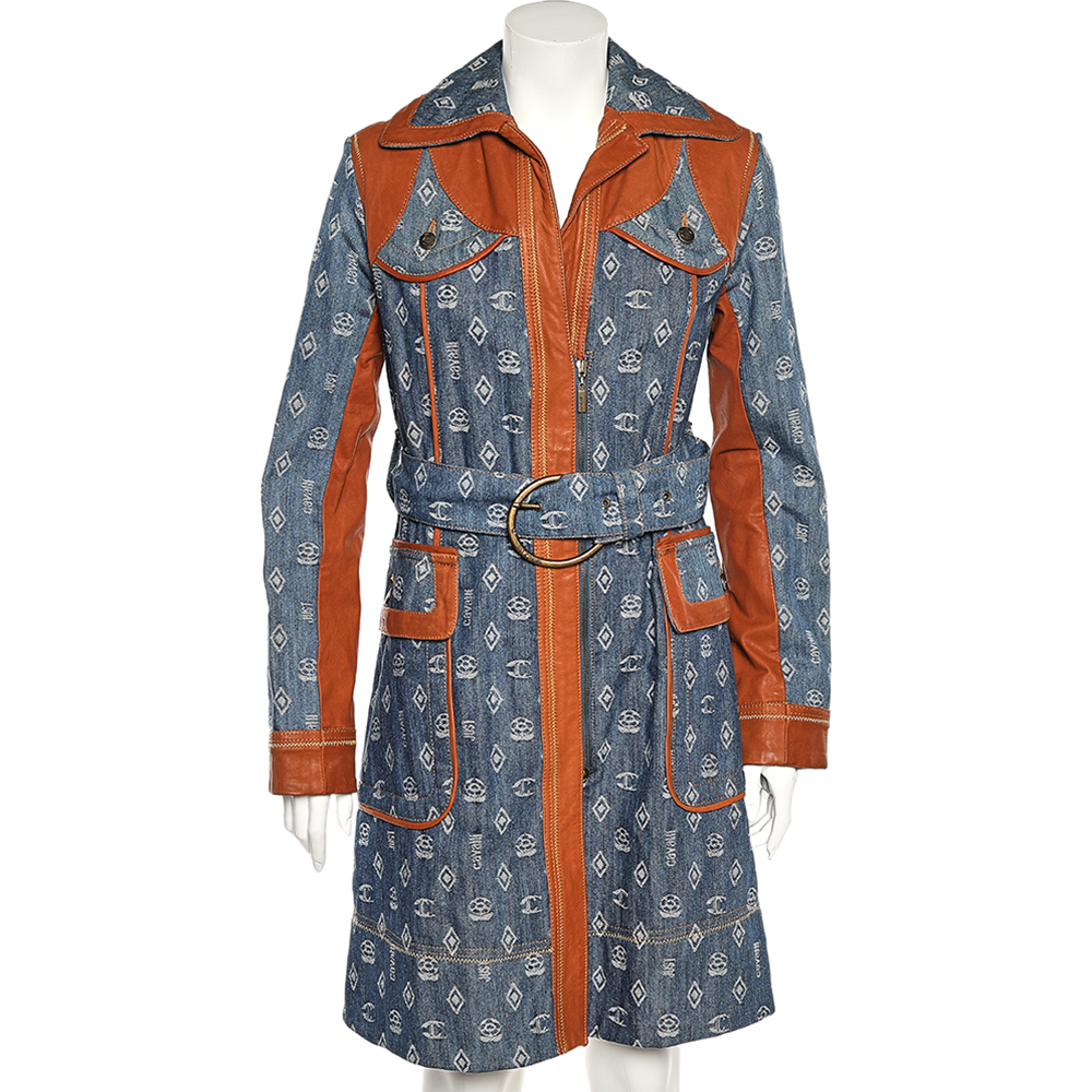 Pre-owned Just Cavalli Blue Logo Jacquard Denim & Leather Trim Belted Trench Coat M