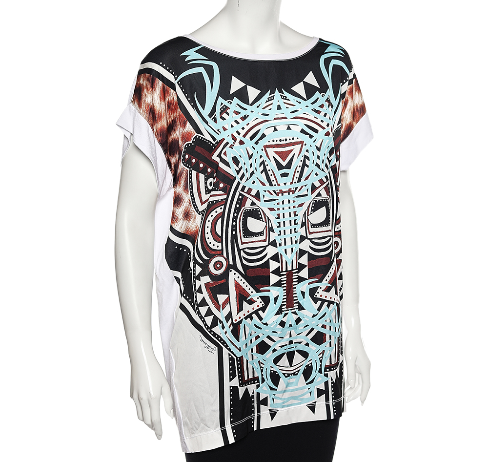 

Just Cavalli Multicolor Printed Knit & Twill Paneled Oversized T-Shirt