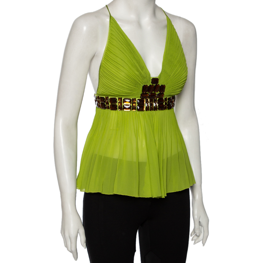 

Just Cavalli Green Silk Embellished Pleated Top