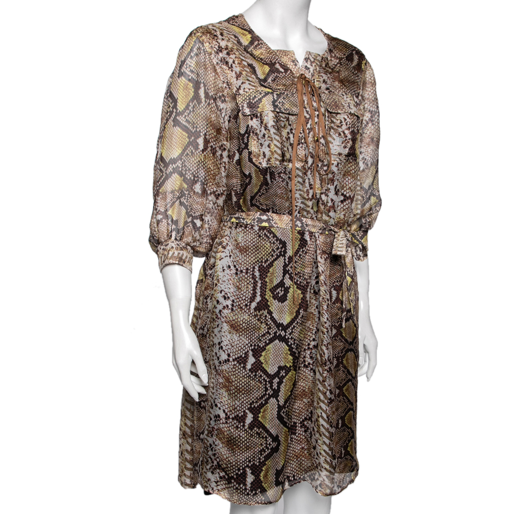 

Just Cavalli Brown Animal Print Silk Knit Lace-Up Detail Belted Dress