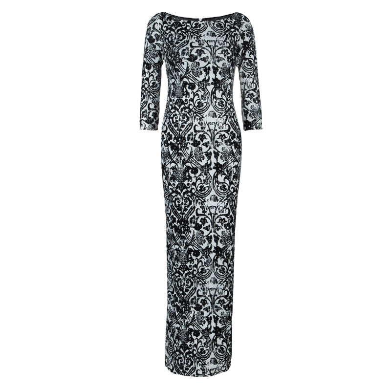 Pre Owned Just Cavalli Monochrome Floral Flock Print Sequin Embellished Maxi Dress S
