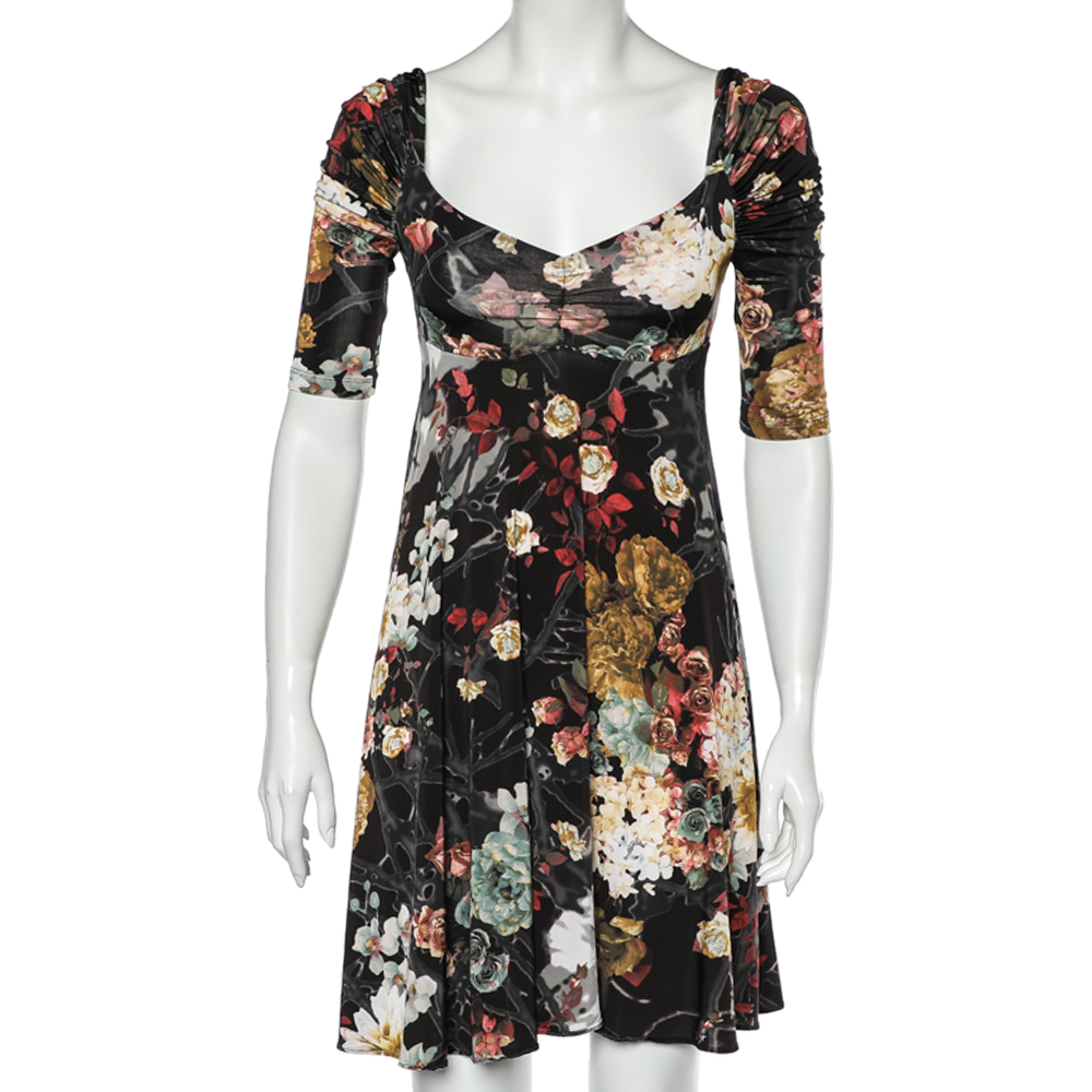 

Just Cavalli Black Floral Printed Jersey Ruched Sleeve Detail Mini Dress, Multicolor