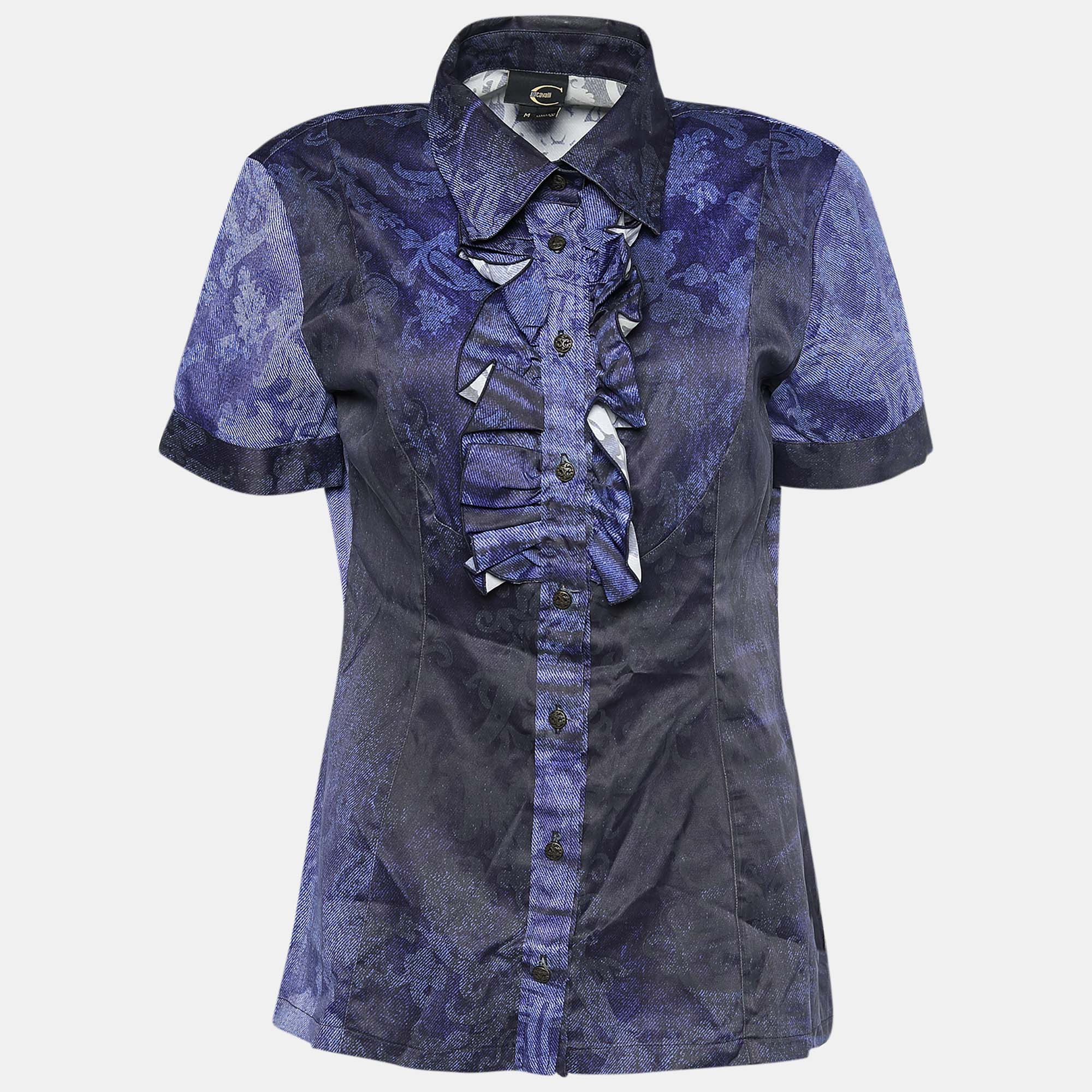 Pre-owned Just Cavalli Blue Printed Sateen Ruffle Trim Front Shirt M