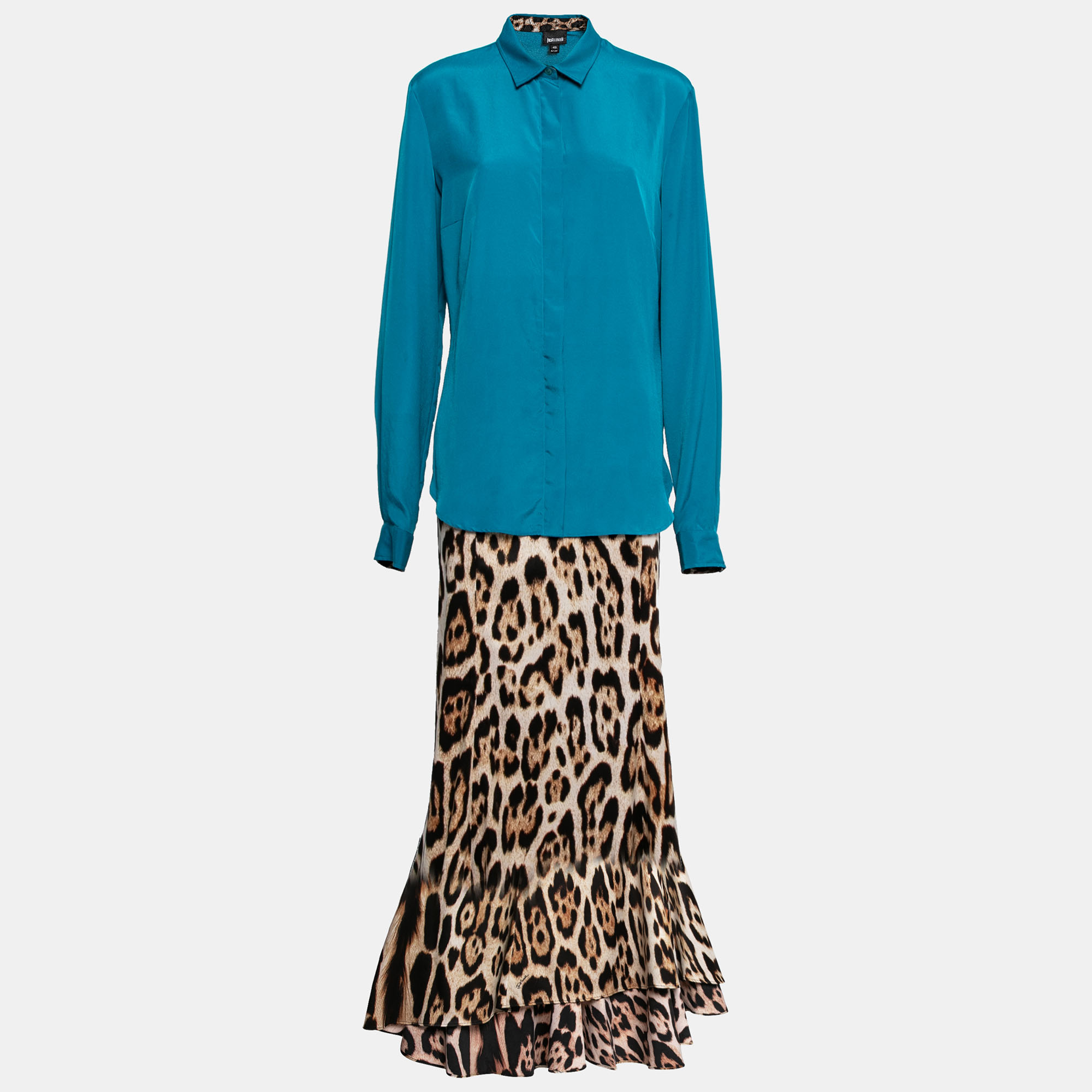 

Just Cavalli Blue & Animal Printed Crepe Shirt & Maxi Skirt Set, Multicolor