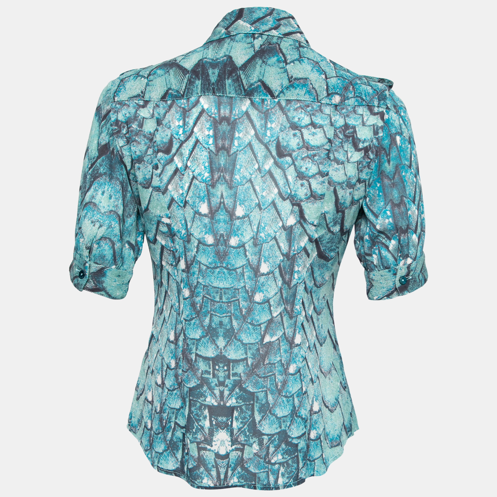 

Just Cavalli Vintage Blue Printed Silk Button Front Short Sleeve Shirt