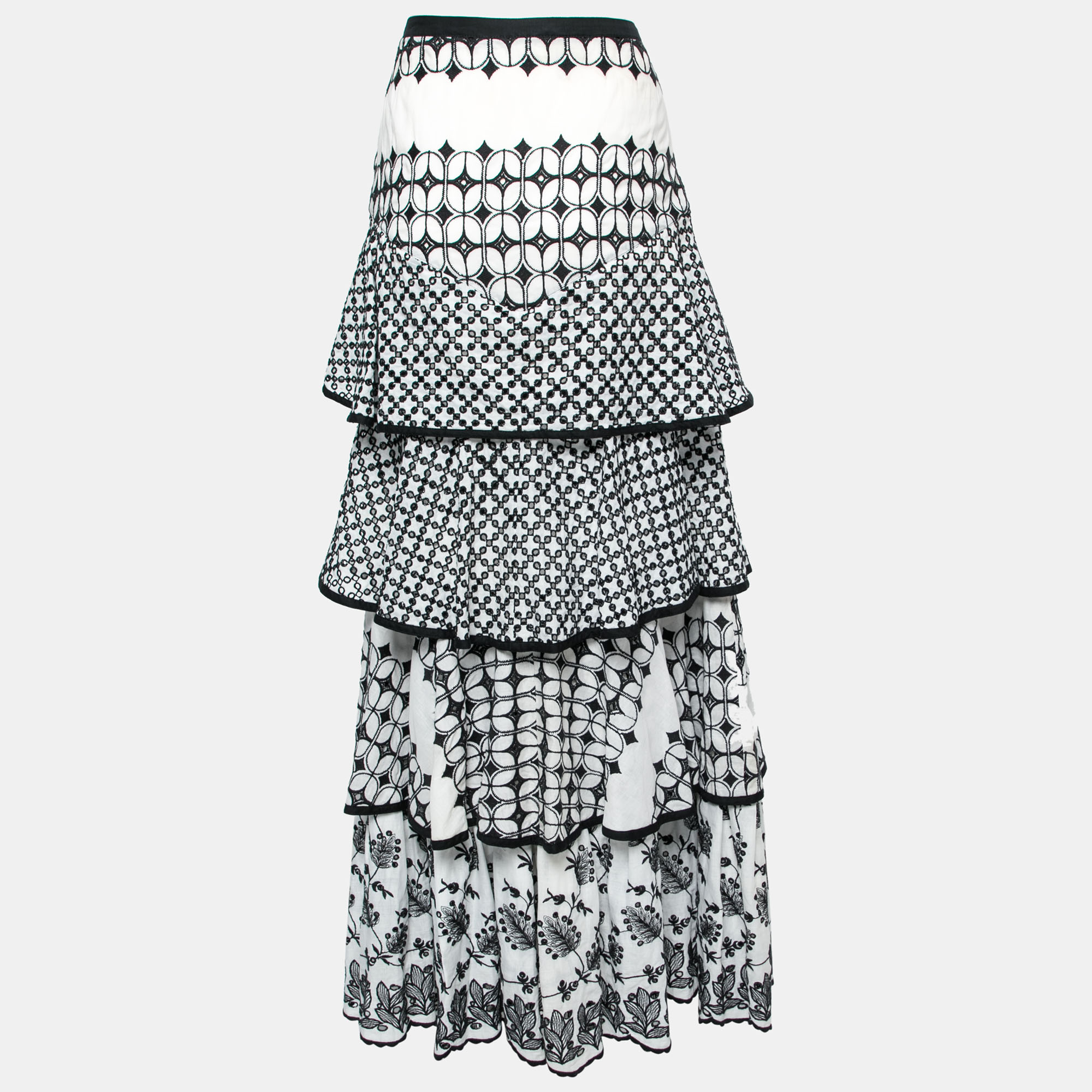 

Just Cavalli Monochrome Embroidered Eyelet Cotton Tiered Maxi Skirt, White