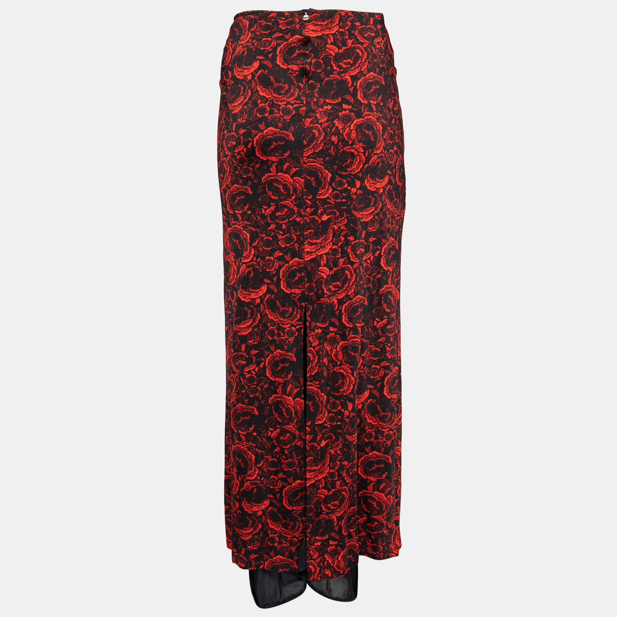 

Just Cavalli Red & Black Floral Printed Jersey Midi Skirt