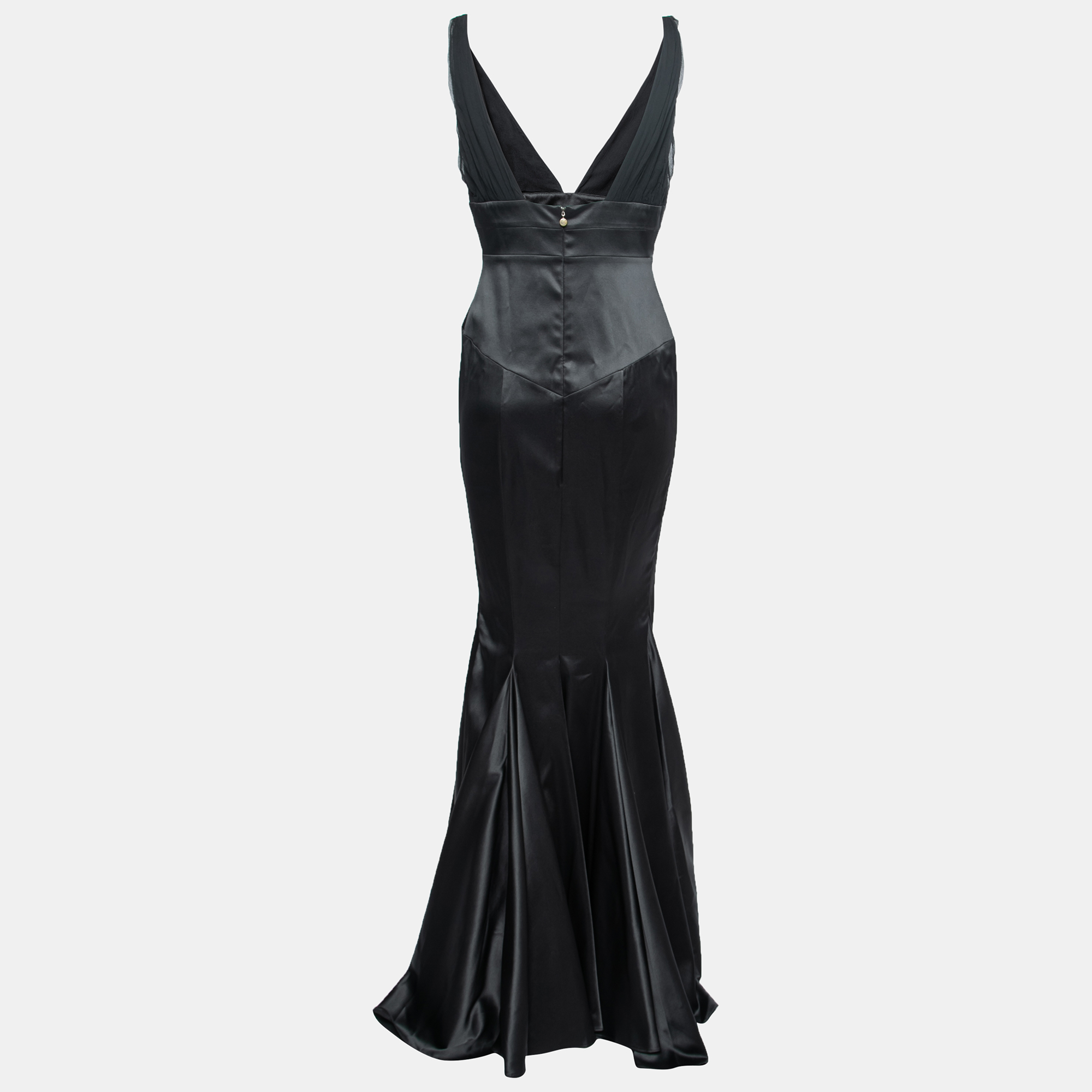 

Just Cavalli Black Satin Chiffon Detailed Plunging Neck Flared Hem Maxi Dress