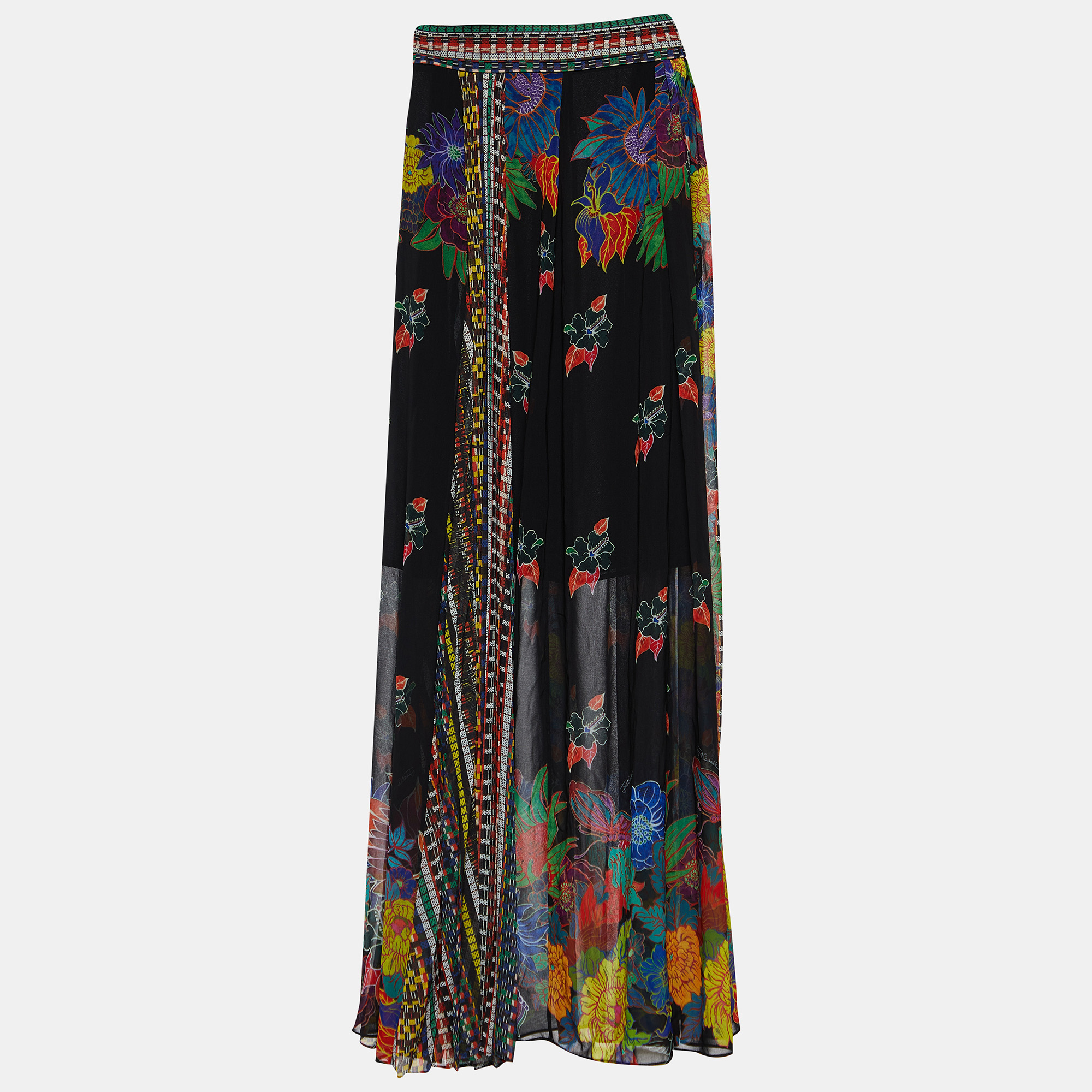 

Just Cavalli Black Patchwork Print Chiffon Pleated Maxi Skirt