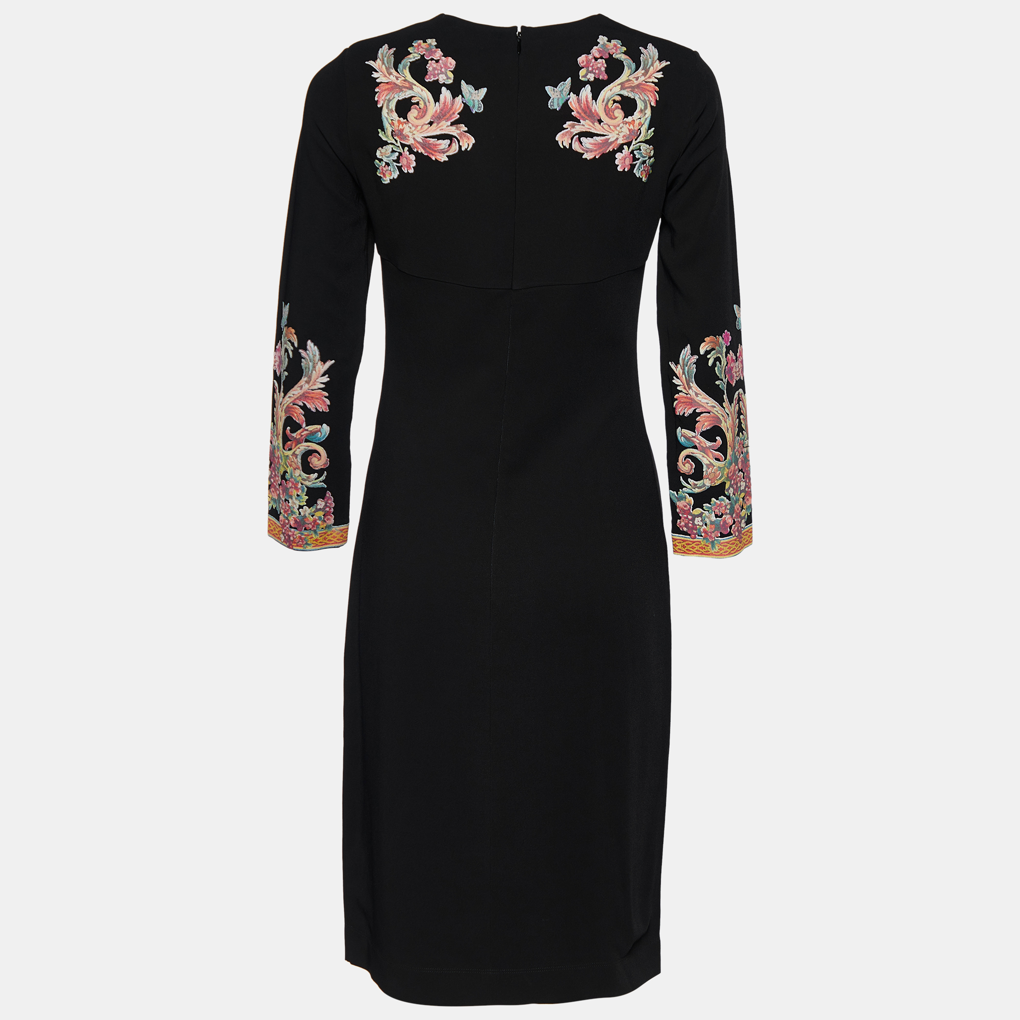 

Just Cavalli Black Floral Flock Print Crepe Sheath Dress