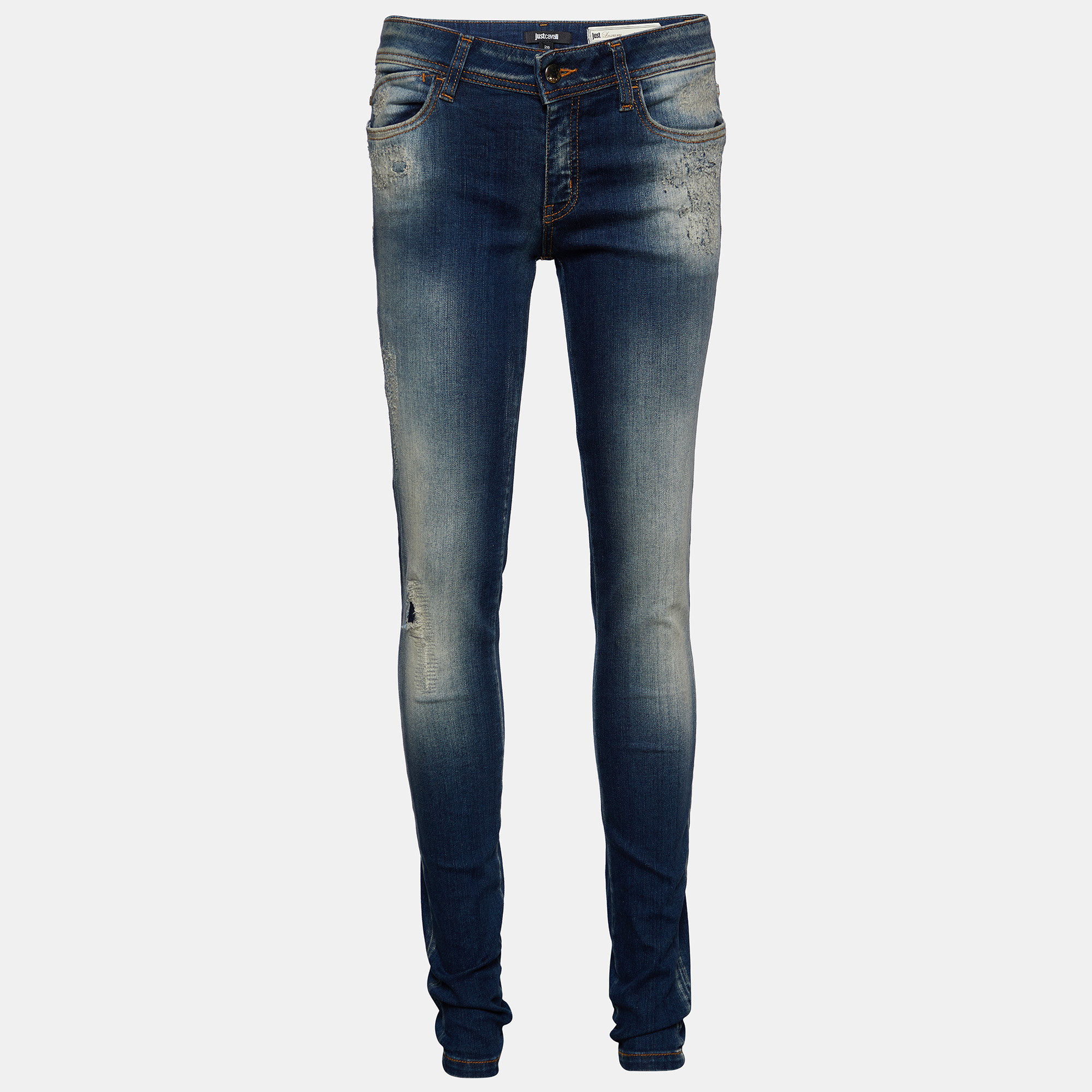 This pair of Just Cavalli Distressed jeans will give you a stylish and edgy casual look. Made from a mix of quality fabrics it has a front zipper closure and five external pockets. Team it up with your favorite shirt or t shirt for a cool edit.