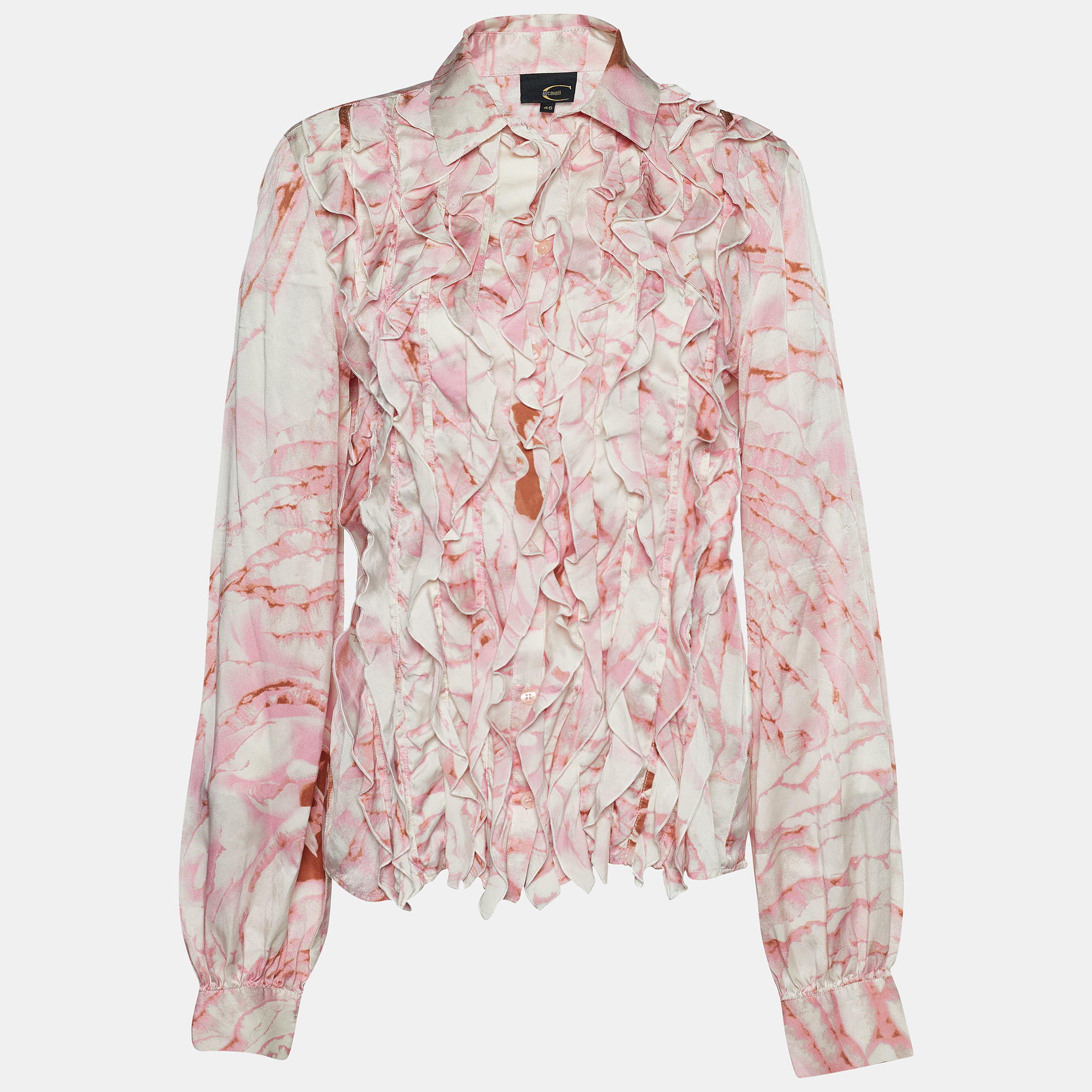 

Just Cavalli Pink Printed Satin Silk Ruffle Shirt L