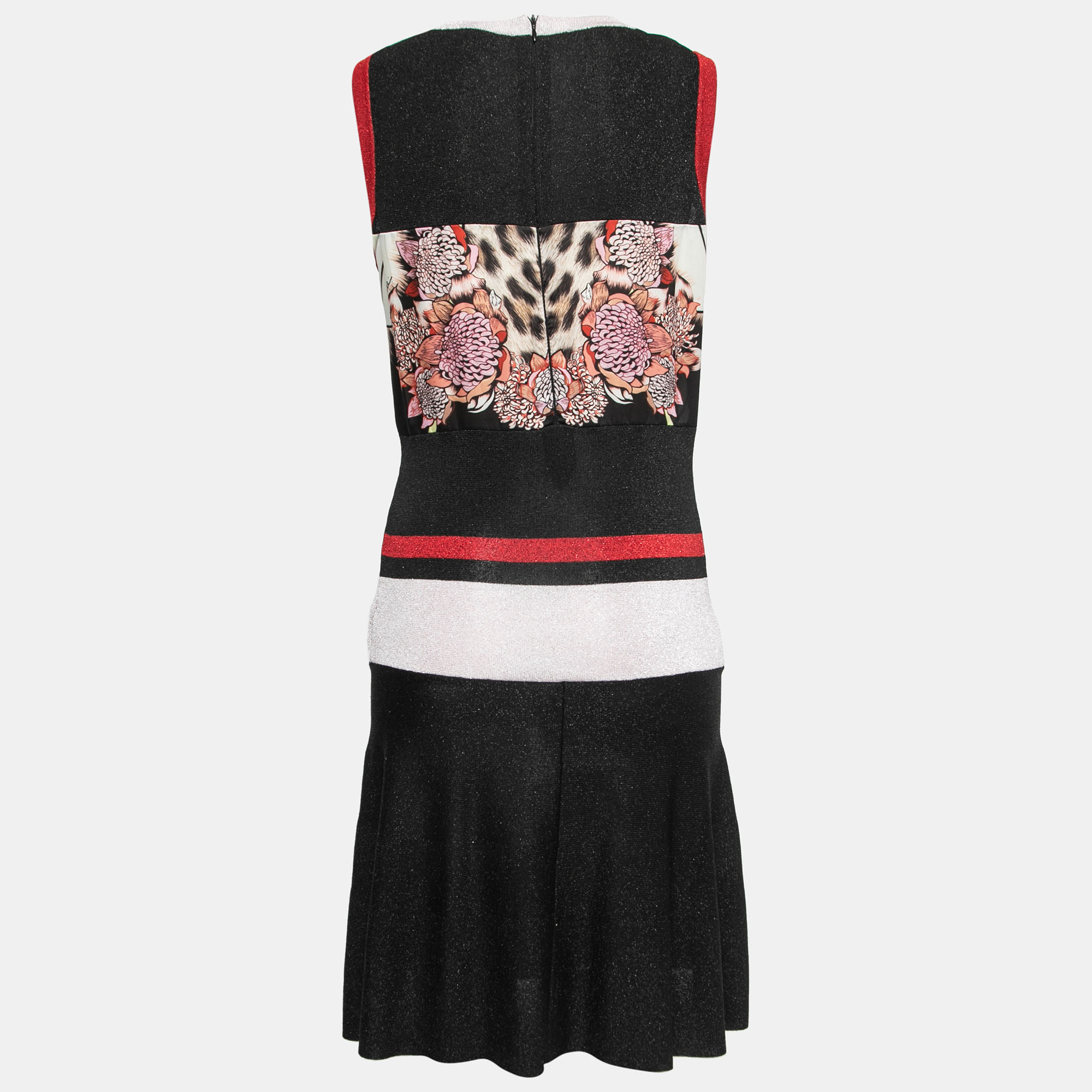 

Just Cavalli Black Striped Patterned Knit Floral Paneled Midi Dress