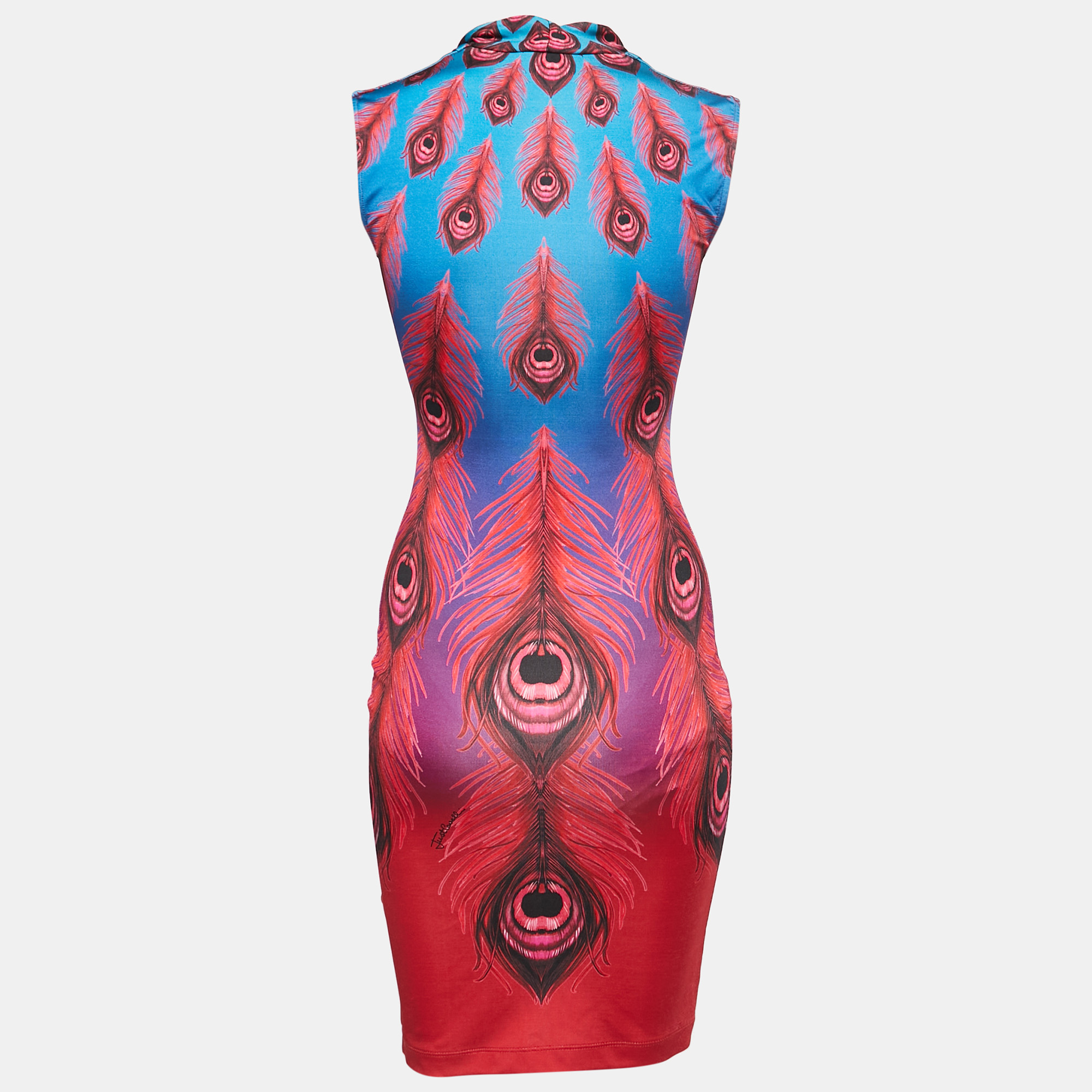 

Just Cavalli Blue/Red Peacock Feather Printed Jersey Bodycon Dress